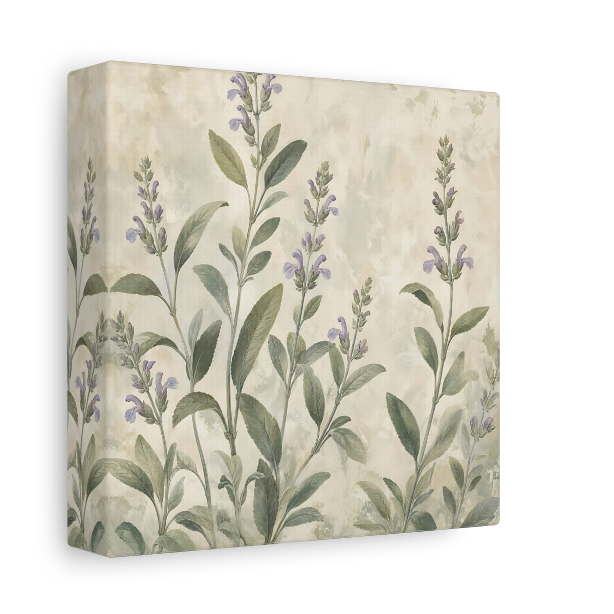 Side Mockup 2. Floral Sage Flowers Purple And Green shown as stretched canvas wall art