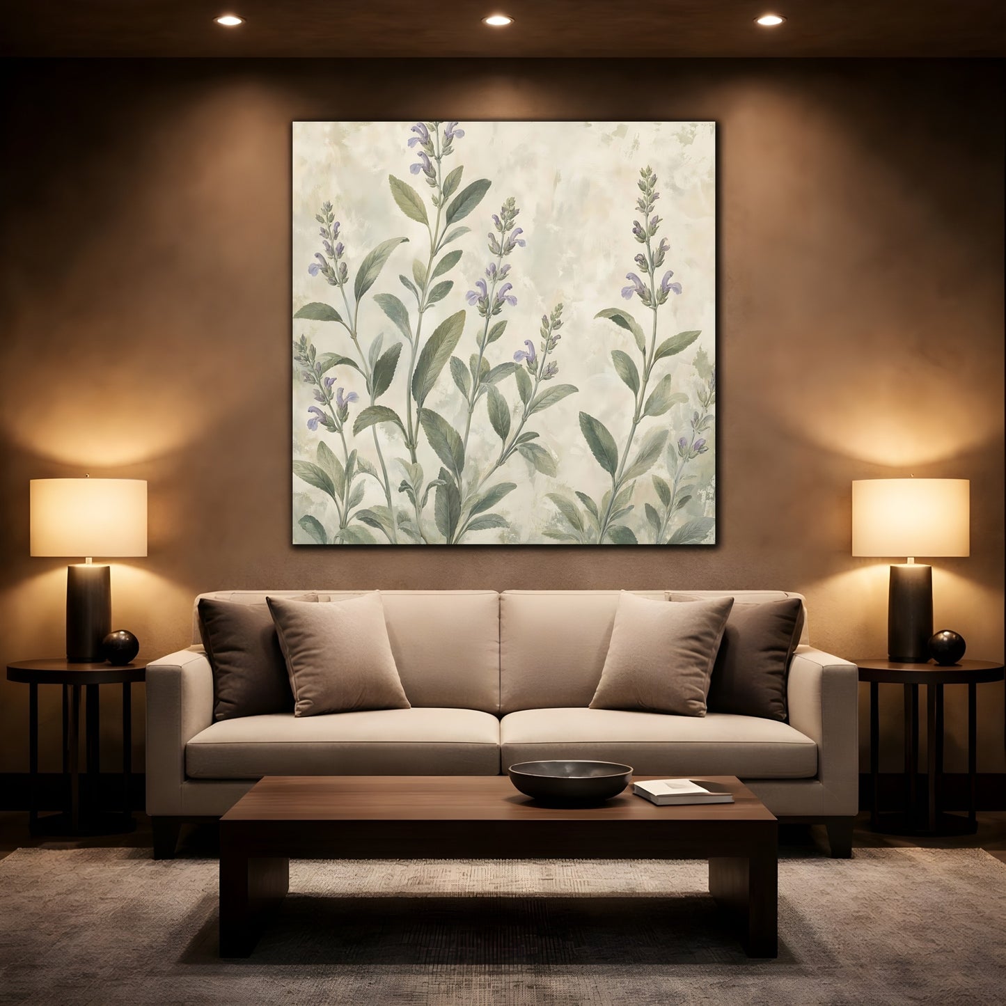 Mockup 2. Floral Sage Flowers Purple And Green shown as stretched canvas wall art