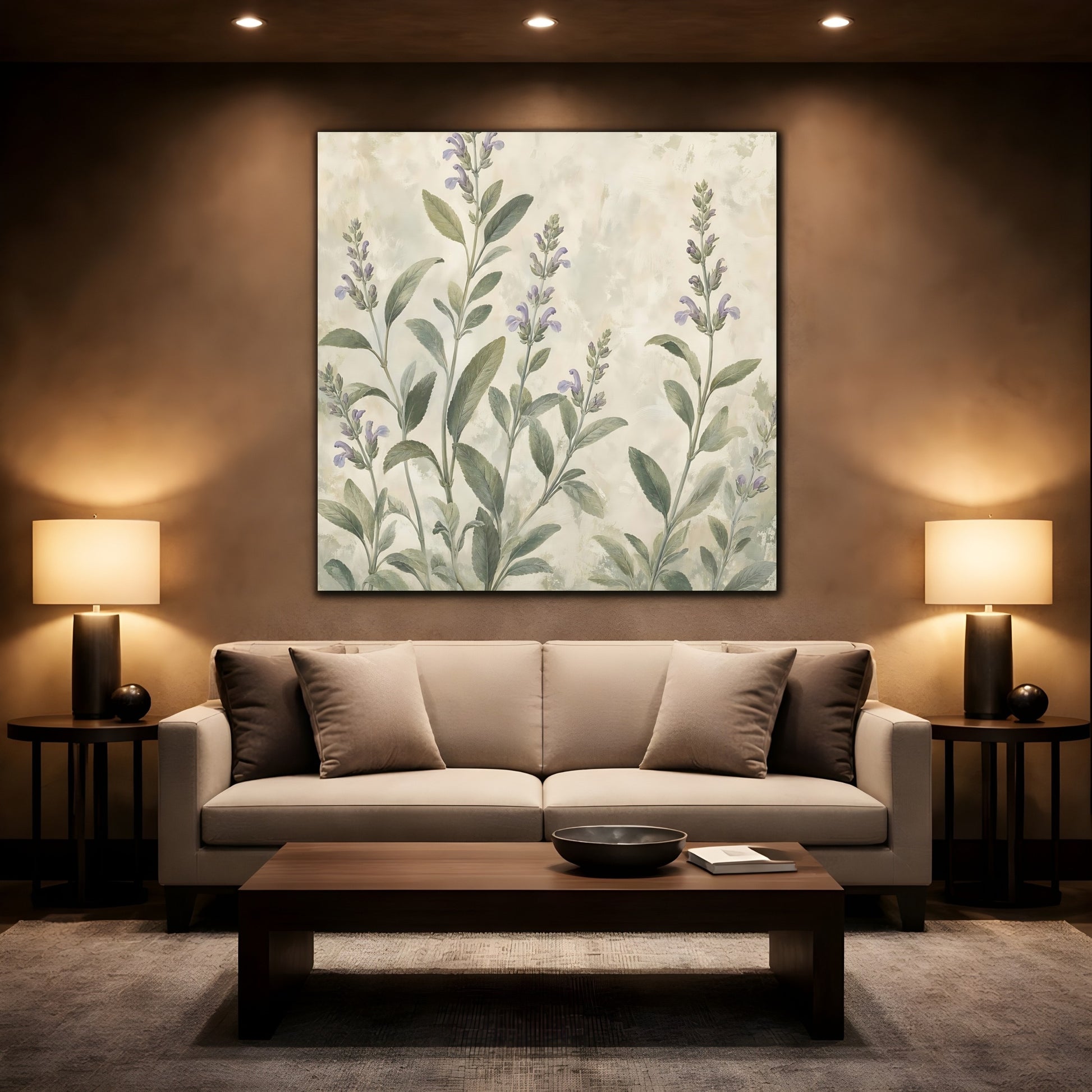 Mockup 2. Floral Sage Flowers Purple And Green shown as stretched canvas wall art