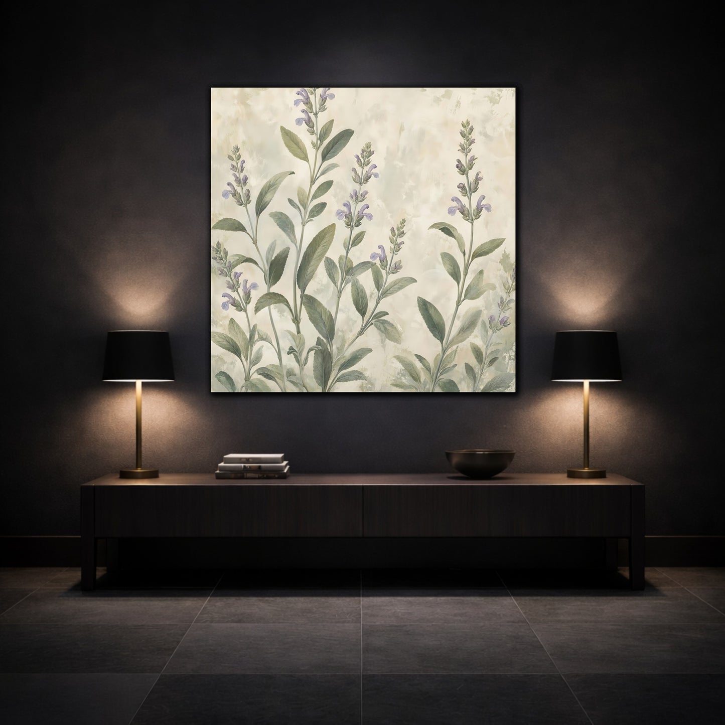 Mockup 3. Floral Sage Flowers Purple And Green shown as stretched canvas wall art