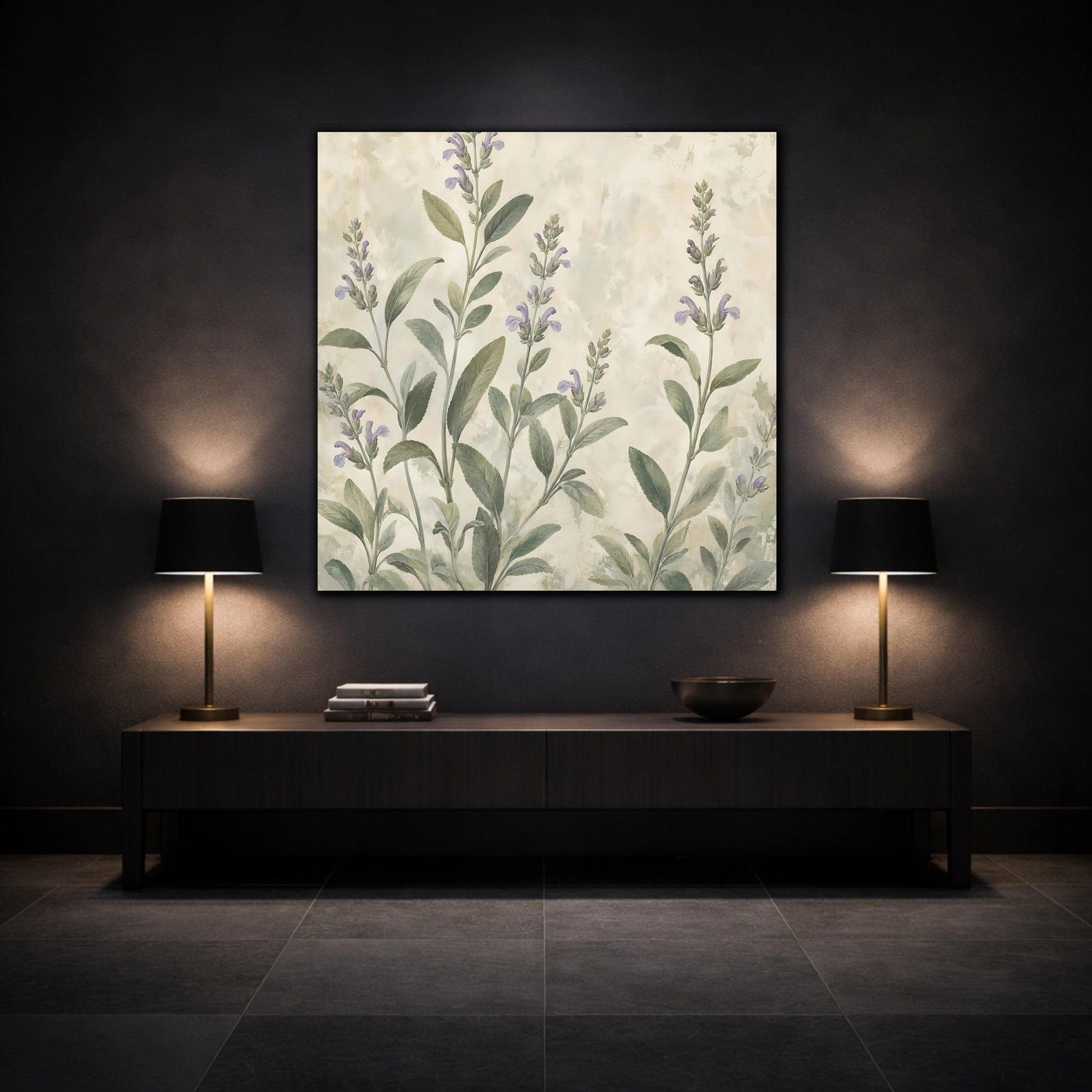 Mockup 3. Floral Sage Flowers Purple And Green shown as stretched canvas wall art
