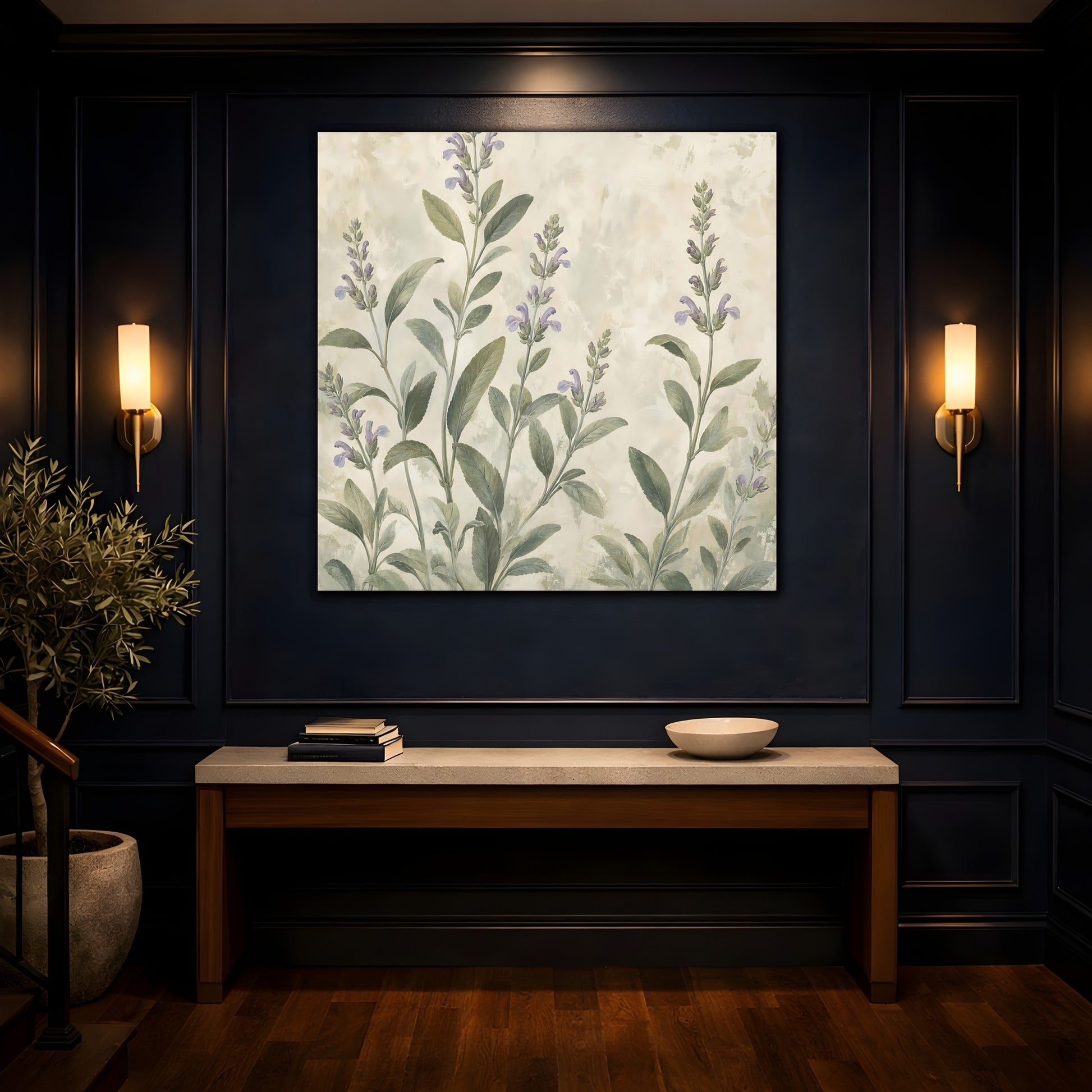 Mockup 4. Floral Sage Flowers Purple And Green shown as stretched canvas wall art