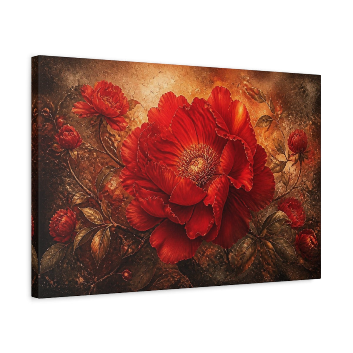Side Mockup 3. Floral Scarlet Bloom shown as canvas print
