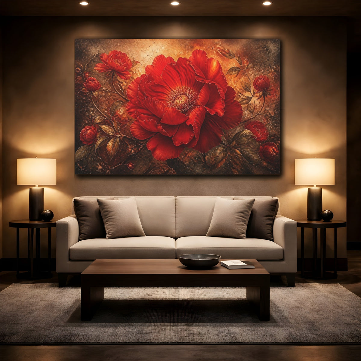 Mockup 2. Floral Scarlet Bloom shown as canvas print
