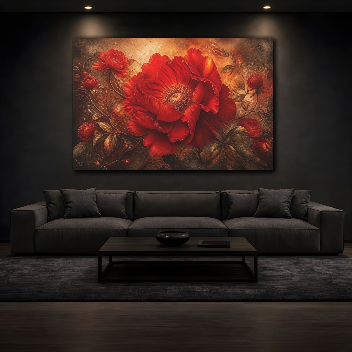 Mockup 3. Floral Scarlet Bloom shown as canvas print