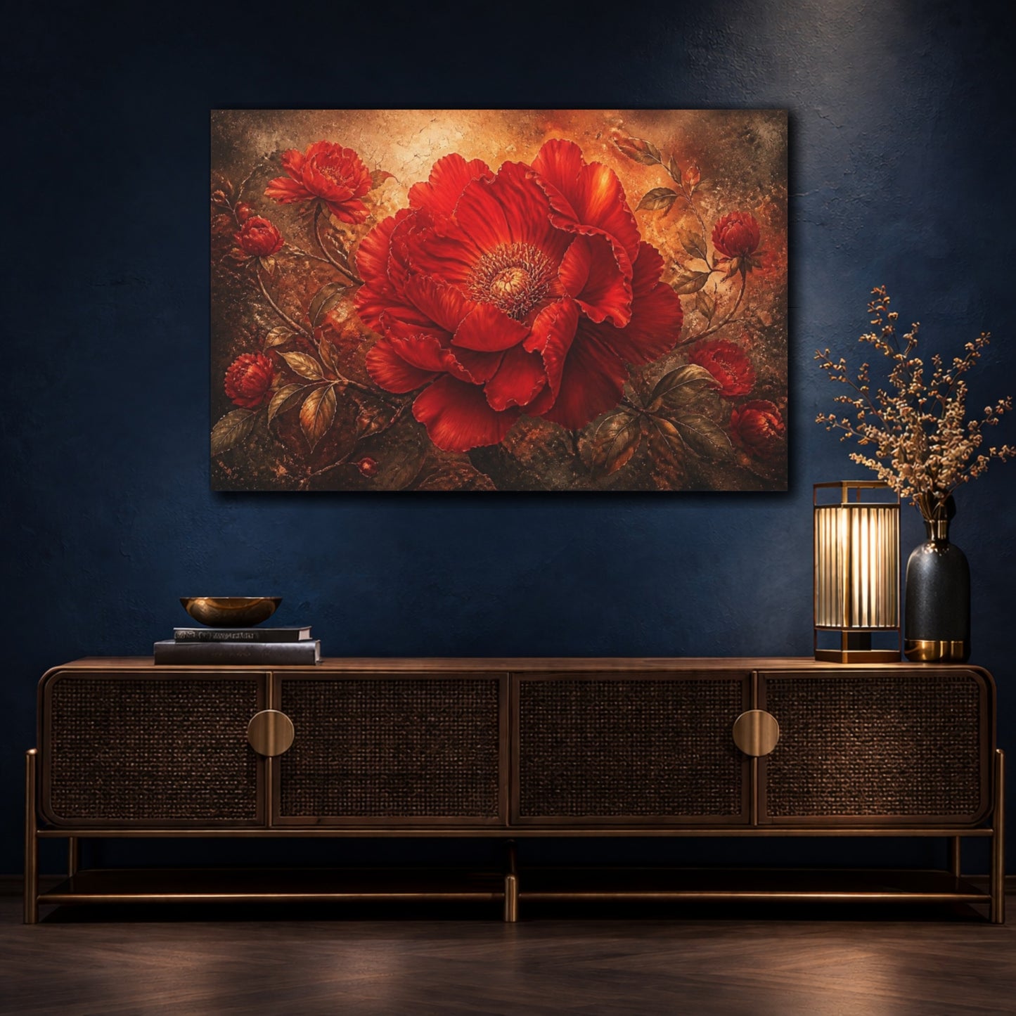 Mockup 4. Floral Scarlet Bloom shown as canvas print