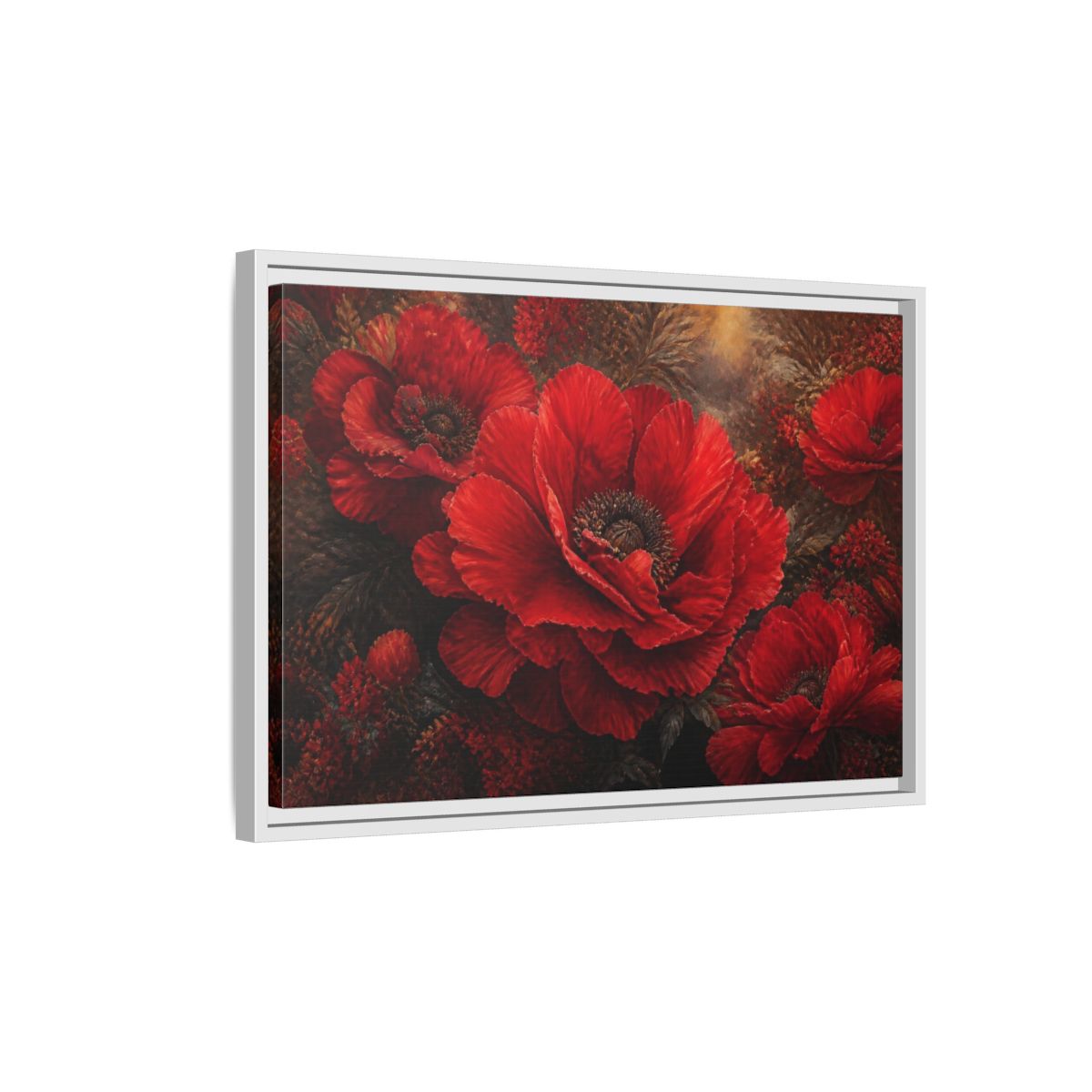 Side Mockup 1. Floral Scarlet Poppy Bloom shown as framed canvas print