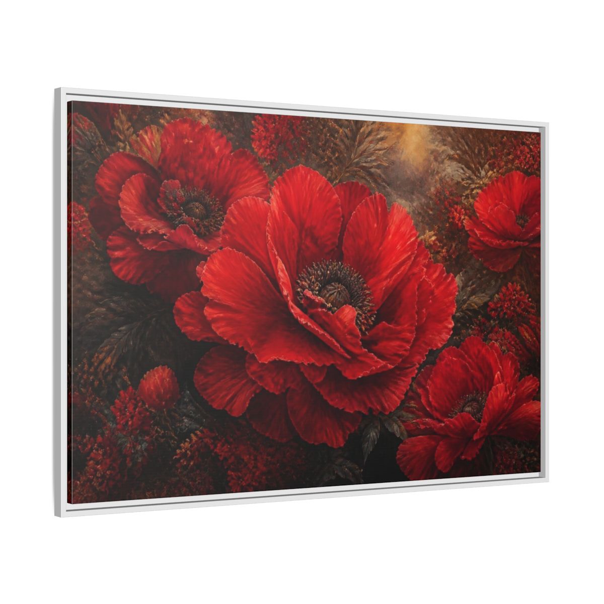 Side Mockup 7. Floral Scarlet Poppy Bloom shown as framed canvas print