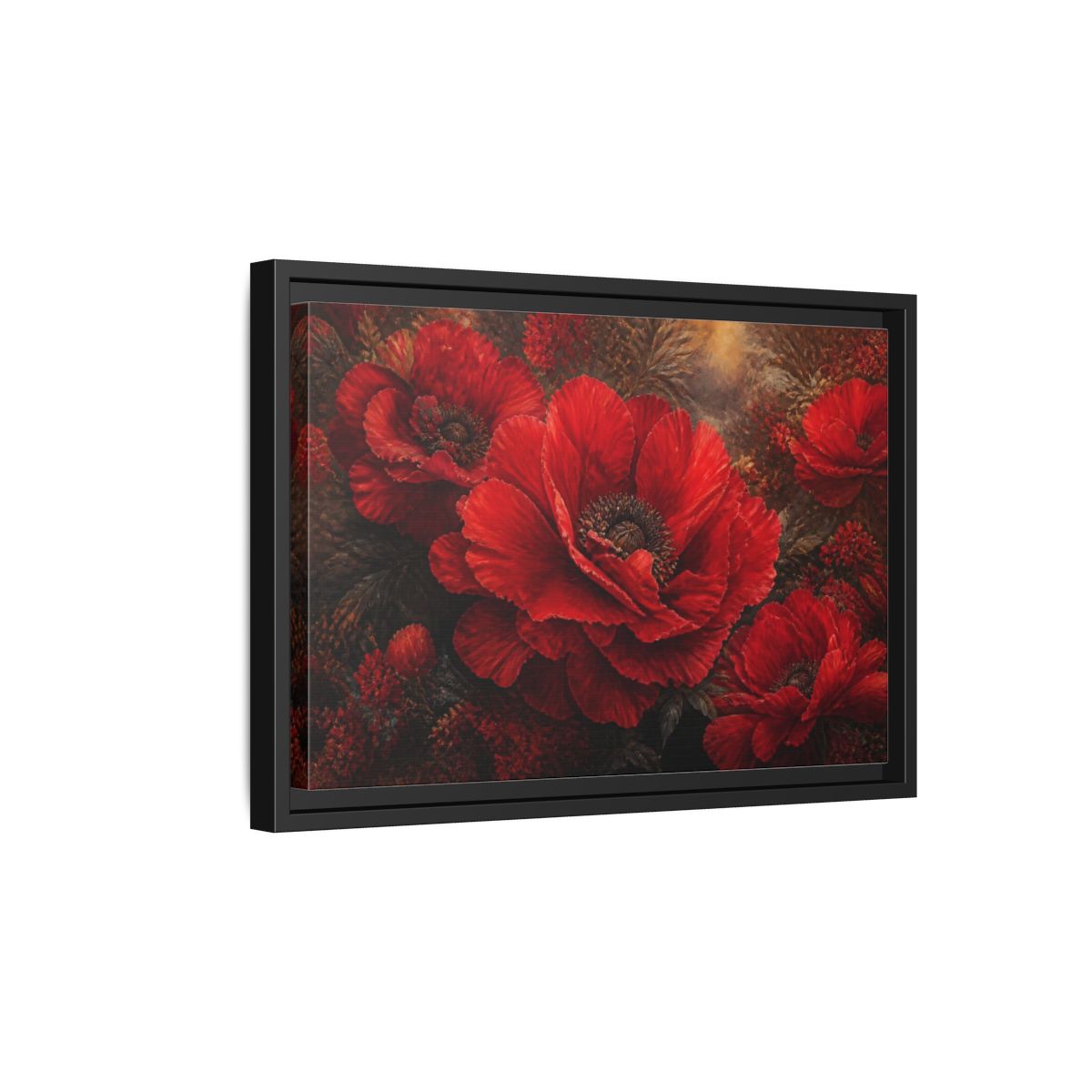 Side Mockup 6. Floral Scarlet Poppy Bloom shown as framed canvas print