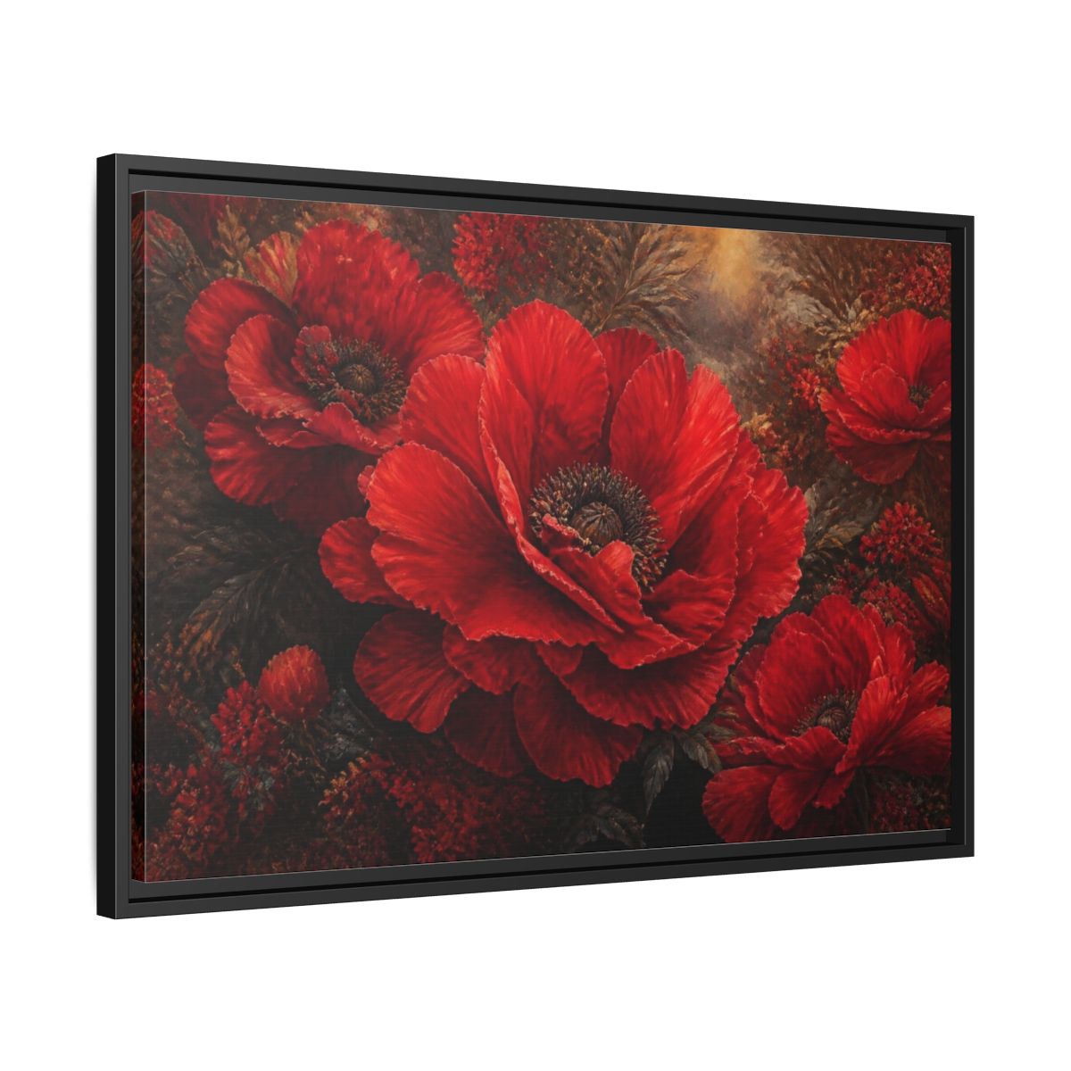 Side Mockup 14. Floral Scarlet Poppy Bloom shown as framed canvas print