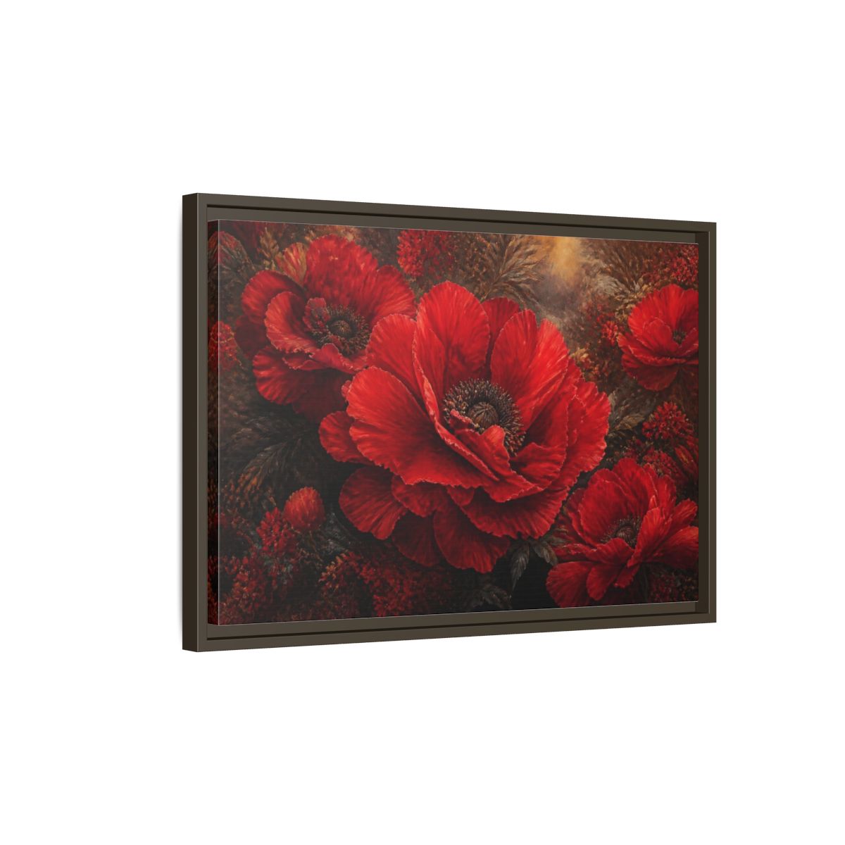Side Mockup 2. Floral Scarlet Poppy Bloom shown as framed canvas print