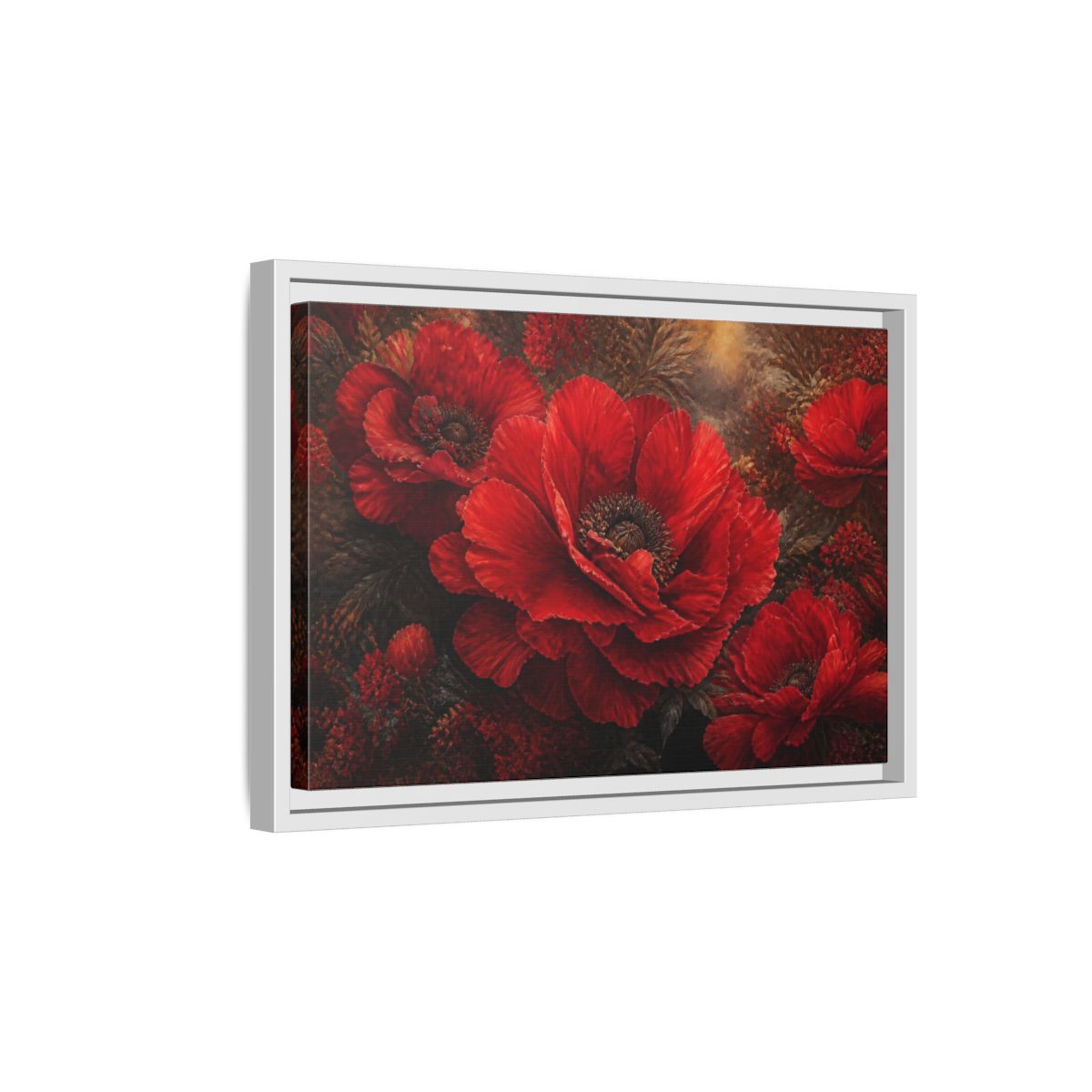 Side Mockup 4. Floral Scarlet Poppy Bloom shown as framed canvas print