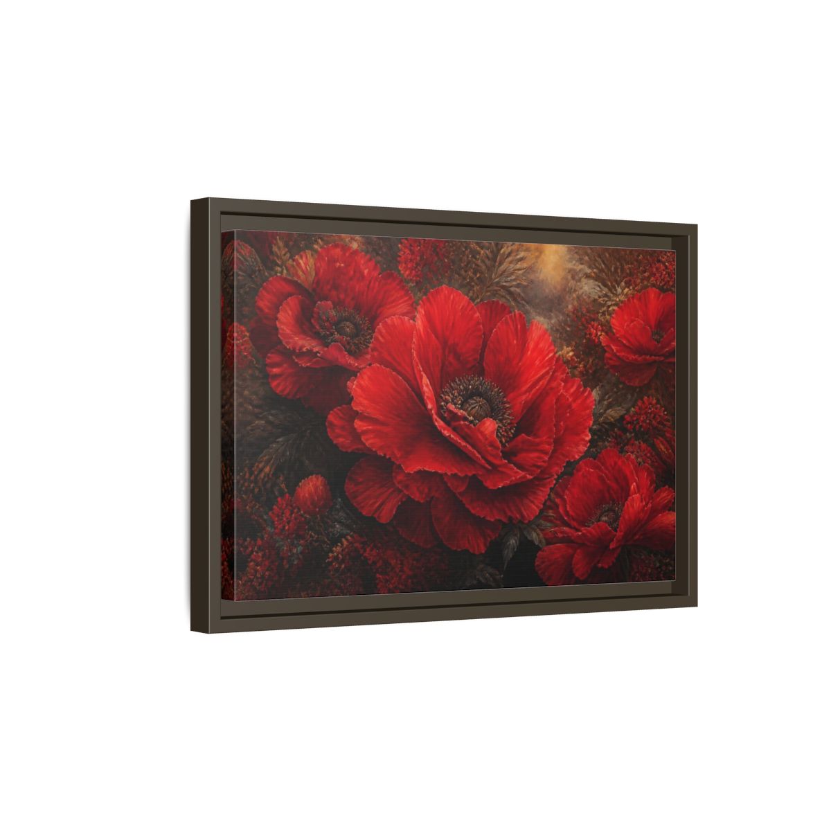 Side Mockup 5. Floral Scarlet Poppy Bloom shown as framed canvas print