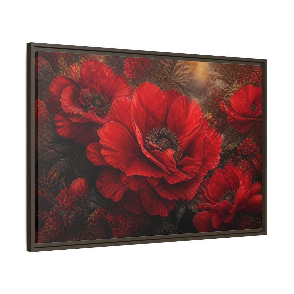 Main Mockup. Floral Scarlet Poppy Bloom shown as framed canvas print
