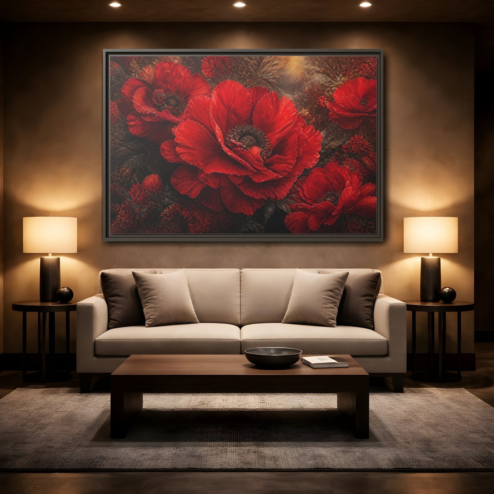Mockup 2. Floral Scarlet Poppy Bloom shown as framed canvas print