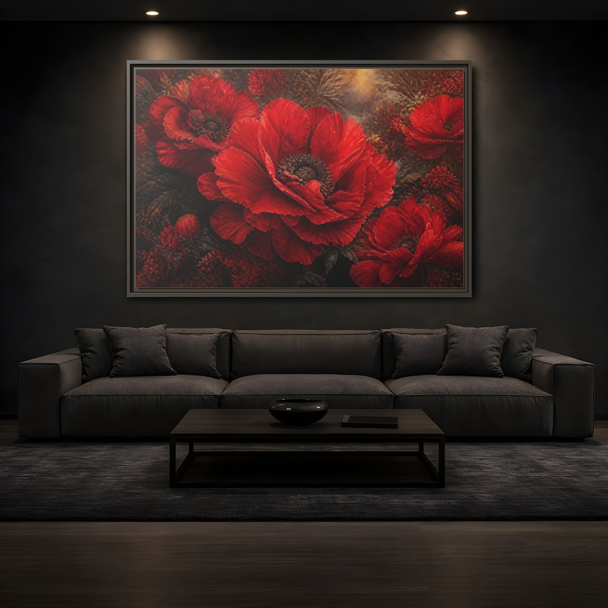 Mockup 3. Floral Scarlet Poppy Bloom shown as framed canvas print