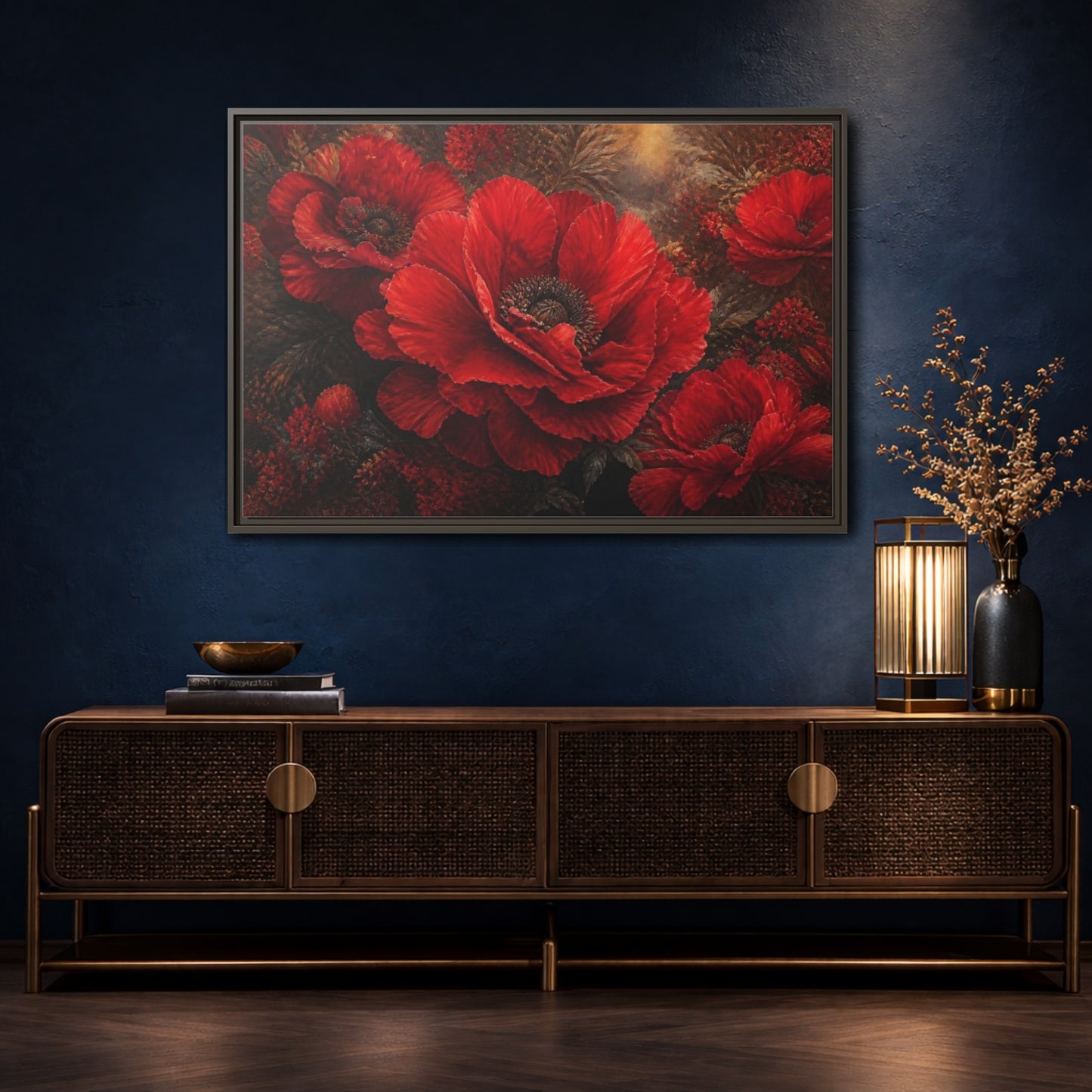 Mockup 4. Floral Scarlet Poppy Bloom shown as framed canvas print