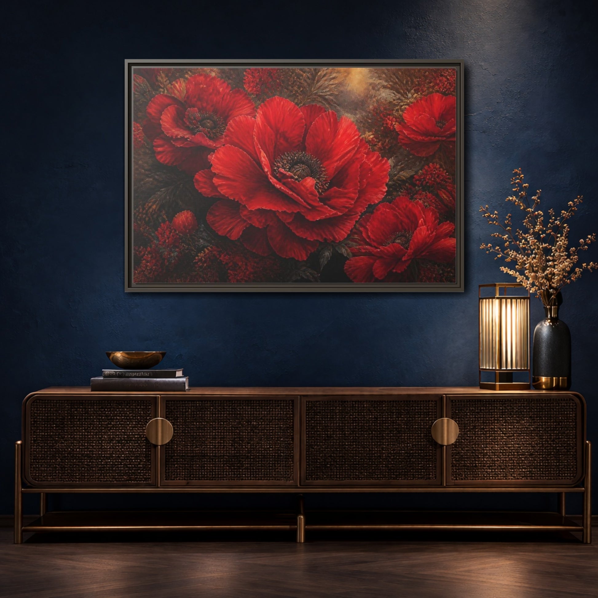 Mockup 4. Floral Scarlet Poppy Bloom shown as framed canvas print