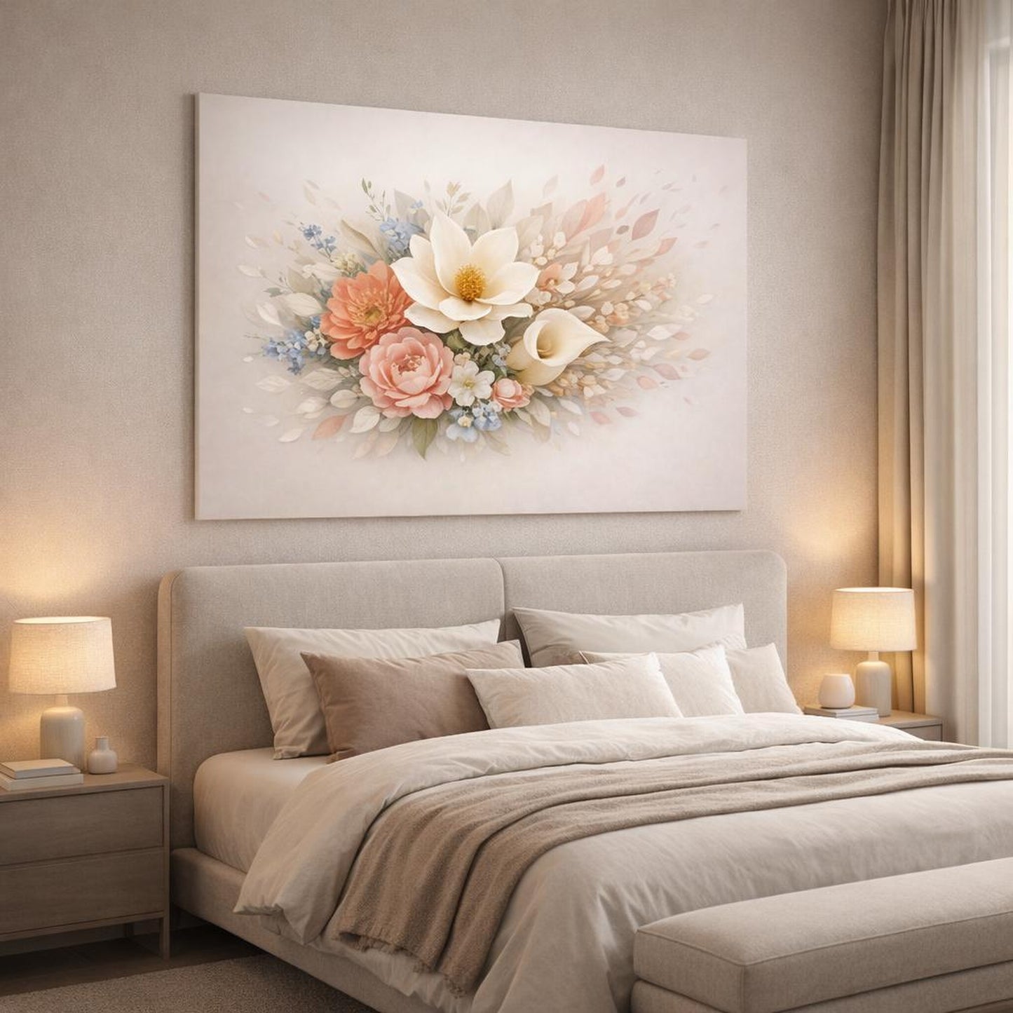 Floral Sculptural Objects shown as canvas wall art in a luxury bedroom