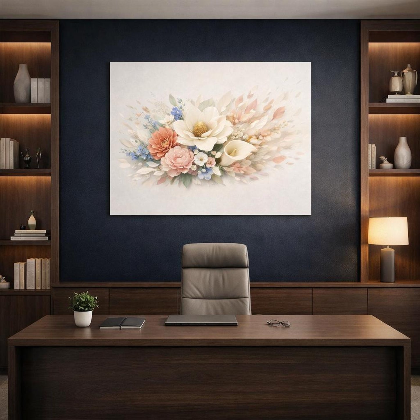 Floral Sculptural Objects shown as canvas wall art in a refined dining room