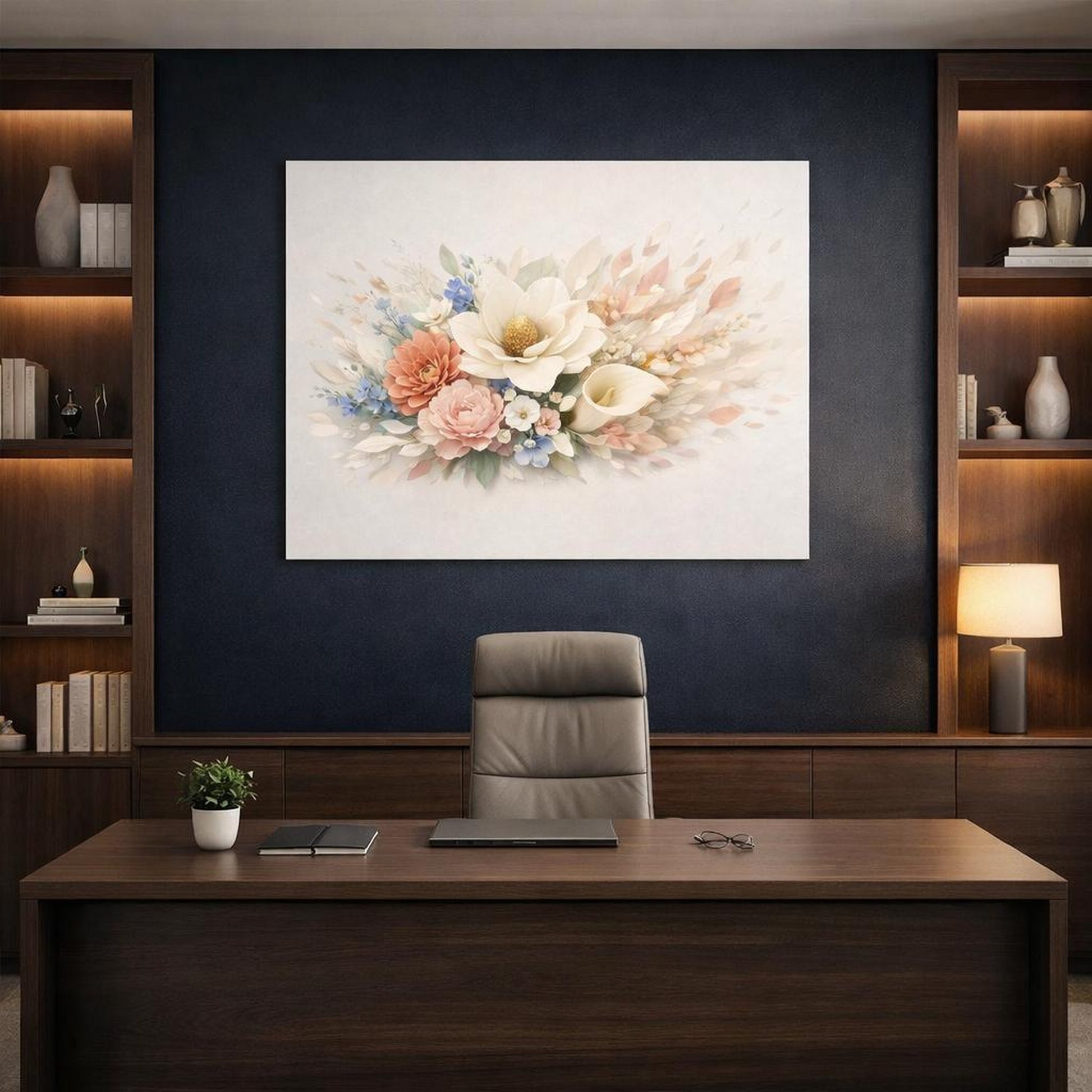 Floral Sculptural Objects shown as canvas wall art in a refined dining room