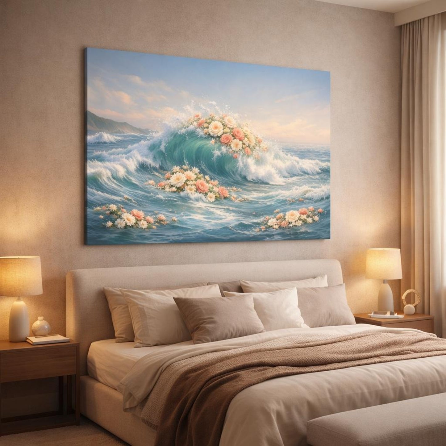 Floral Seascape Waves shown as canvas wall art in a luxury bedroom