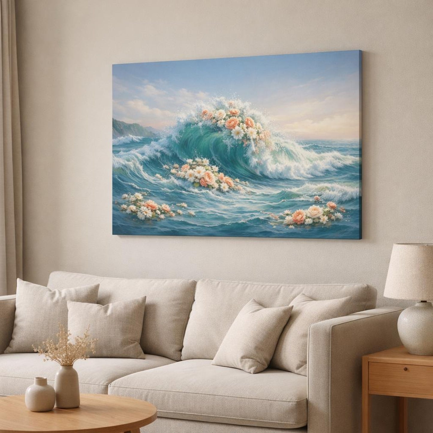 Floral Seascape Waves shown as canvas wall art in a modern living room