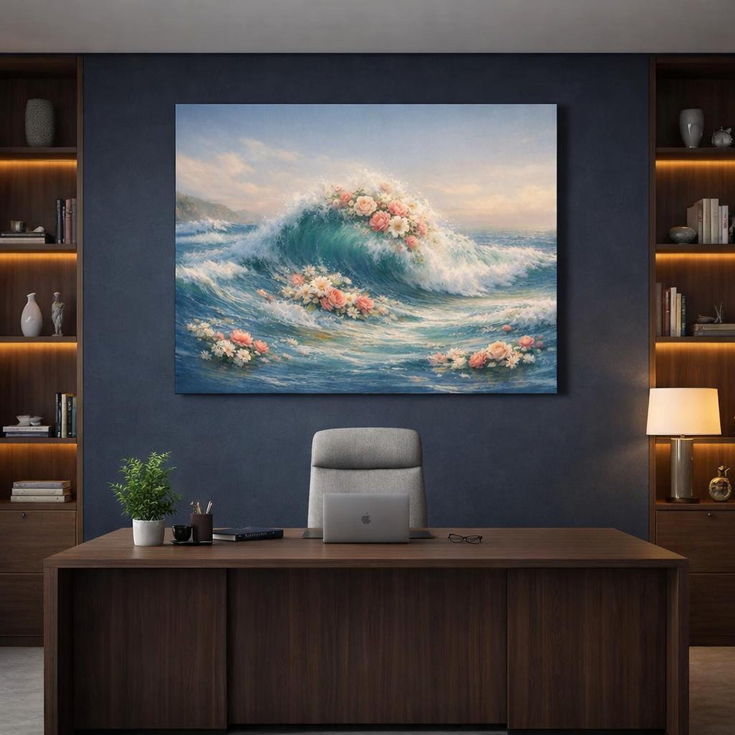Floral Seascape Waves shown as canvas wall art in a refined dining room