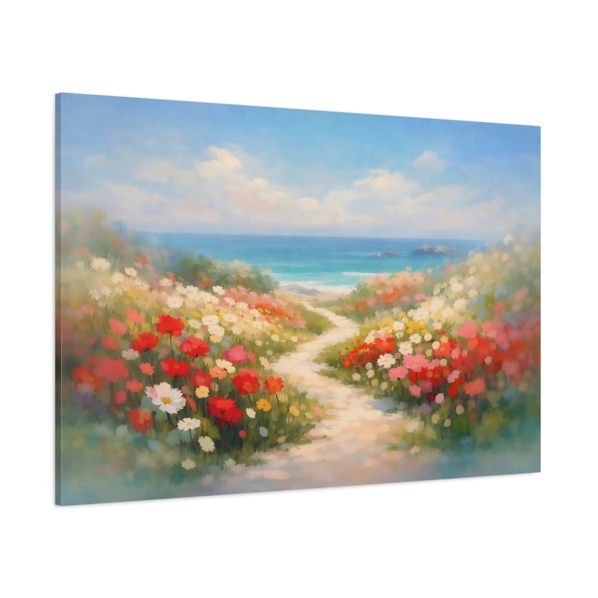Main Mockup. Floral Seaside Path shown as stretched canvas wall art