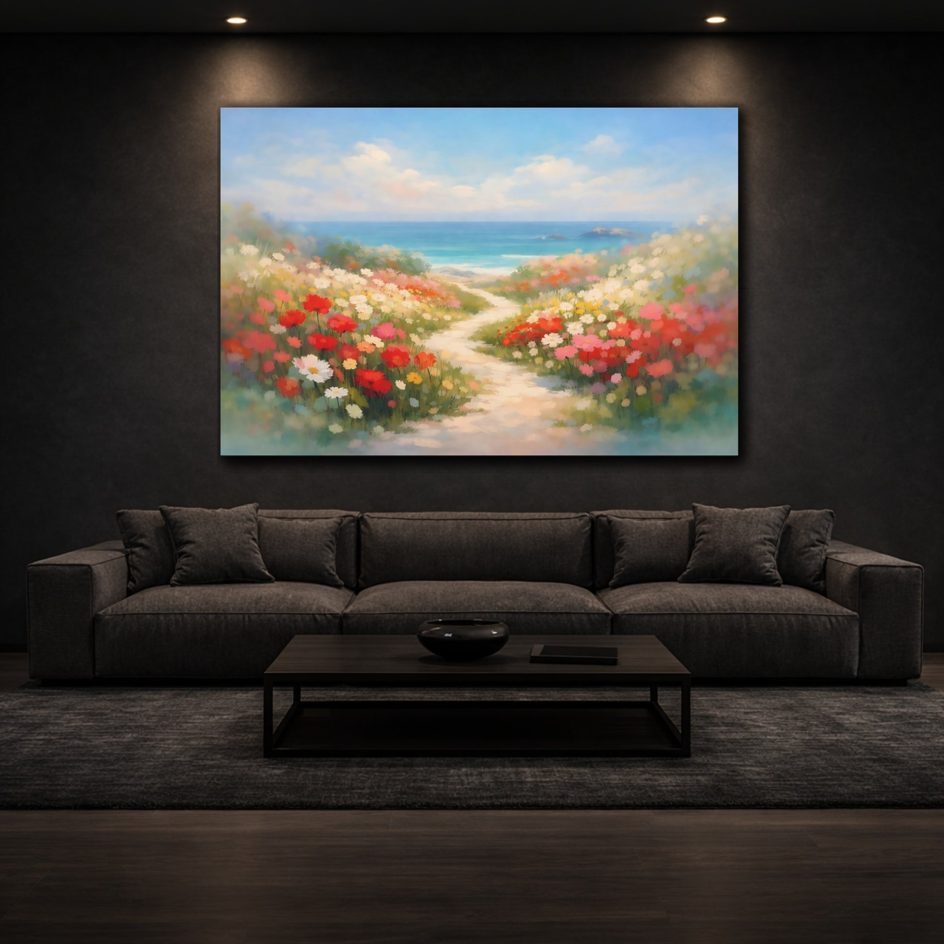 Mockup 2. Floral Seaside Path shown as stretched canvas wall art