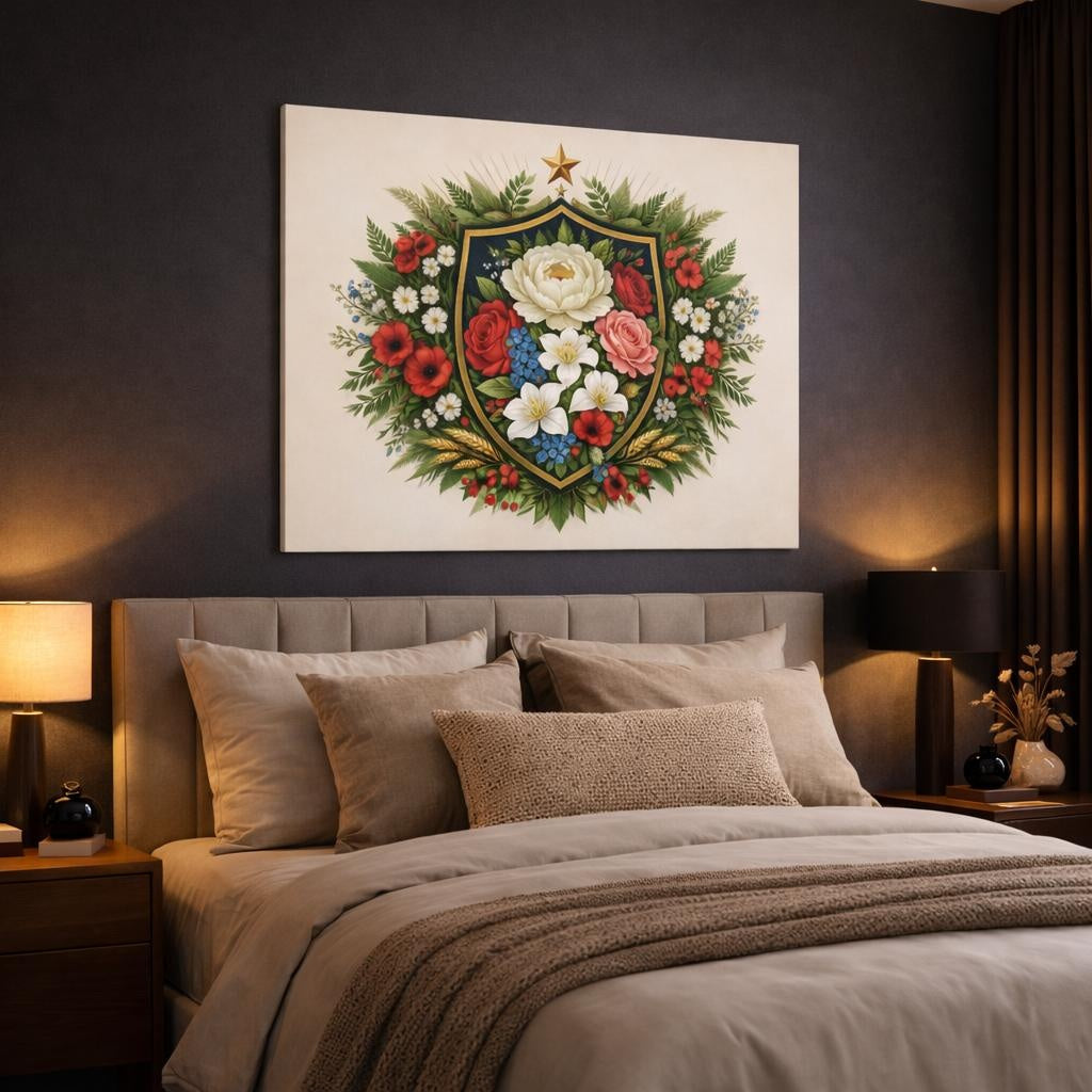 Floral Shield Crest shown as canvas wall art in a luxury bedroom