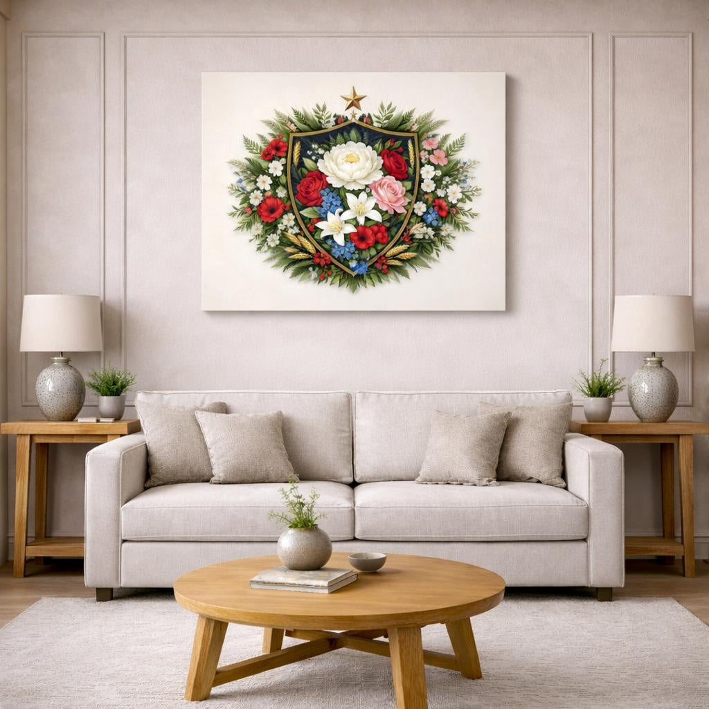 Floral Shield Crest shown as canvas wall art in a modern living room