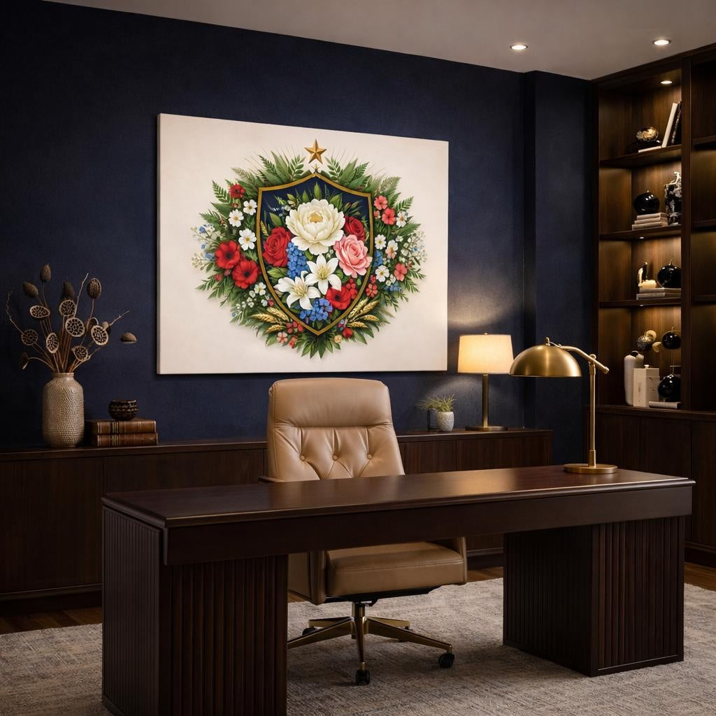 Floral Shield Crest shown as canvas wall art in a refined dining room