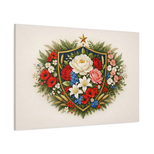 Floral Shield Crest shown as stretched canvas wall art