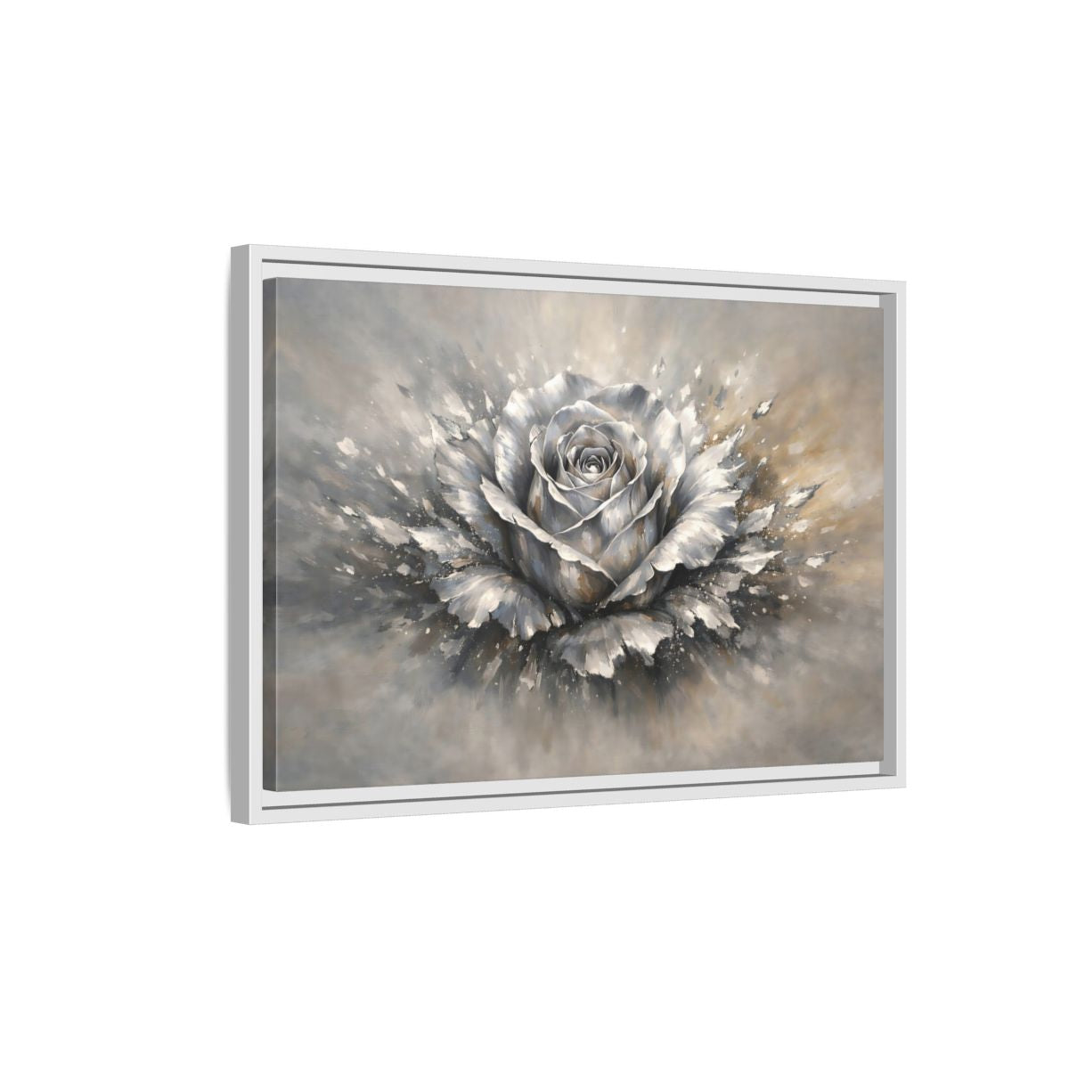 Side Mockup 1. Floral Silver Rose Silver Rose shown as stretched canvas wall art