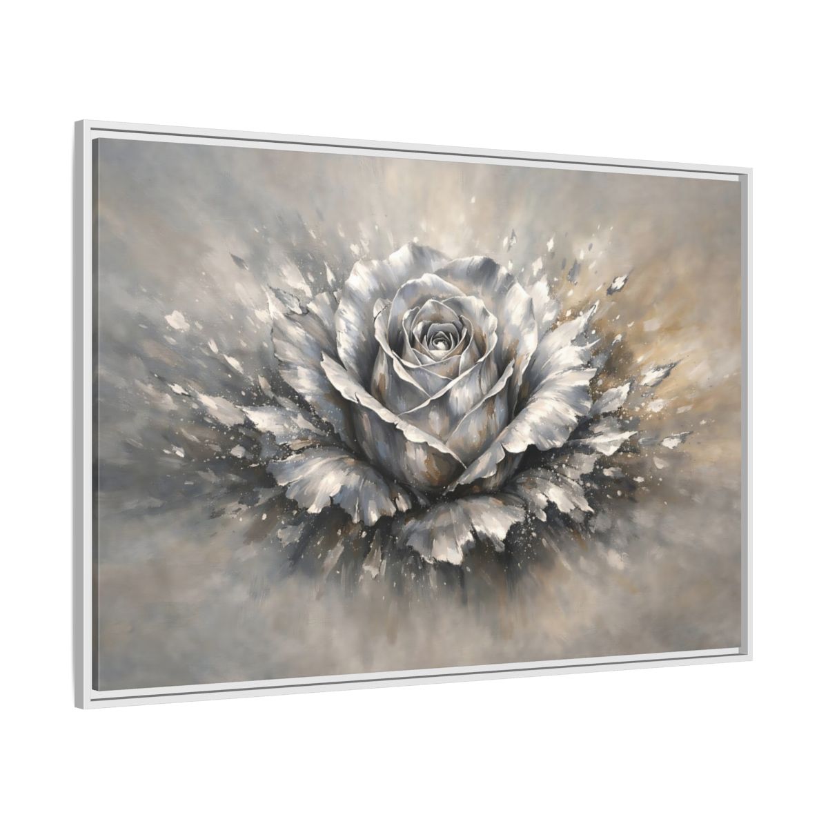 Side Mockup 7. Floral Silver Rose Silver Rose shown as stretched canvas wall art