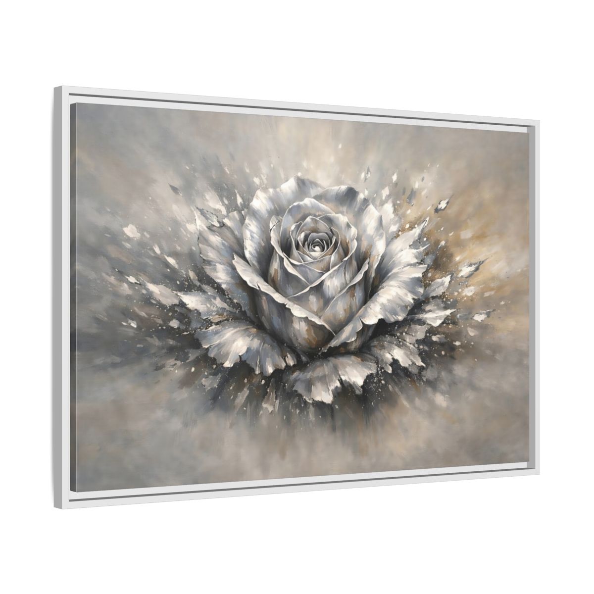 Side Mockup 8. Floral Silver Rose Silver Rose shown as stretched canvas wall art