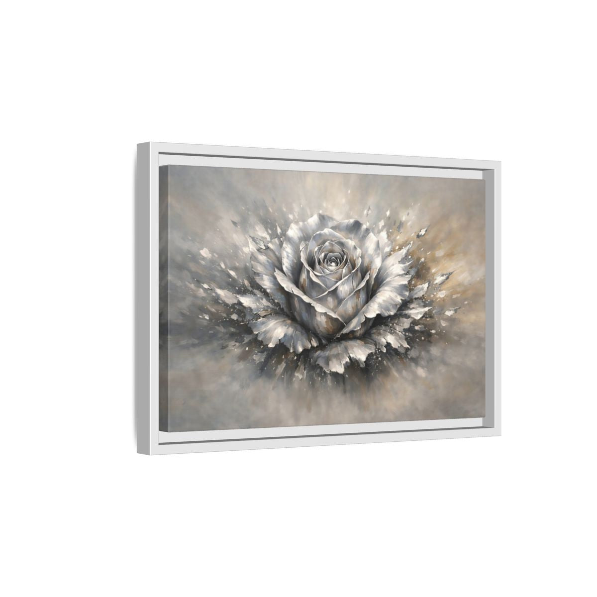 Side Mockup 4. Floral Silver Rose Silver Rose shown as stretched canvas wall art