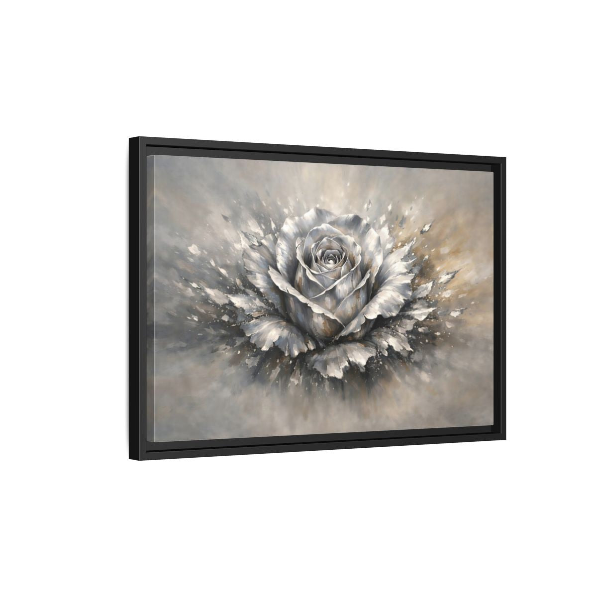 Side Mockup 3. Floral Silver Rose Silver Rose shown as stretched canvas wall art