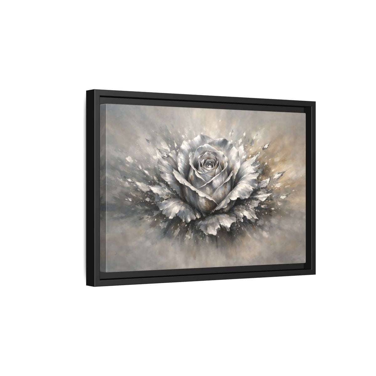Side Mockup 6. Floral Silver Rose Silver Rose shown as stretched canvas wall art