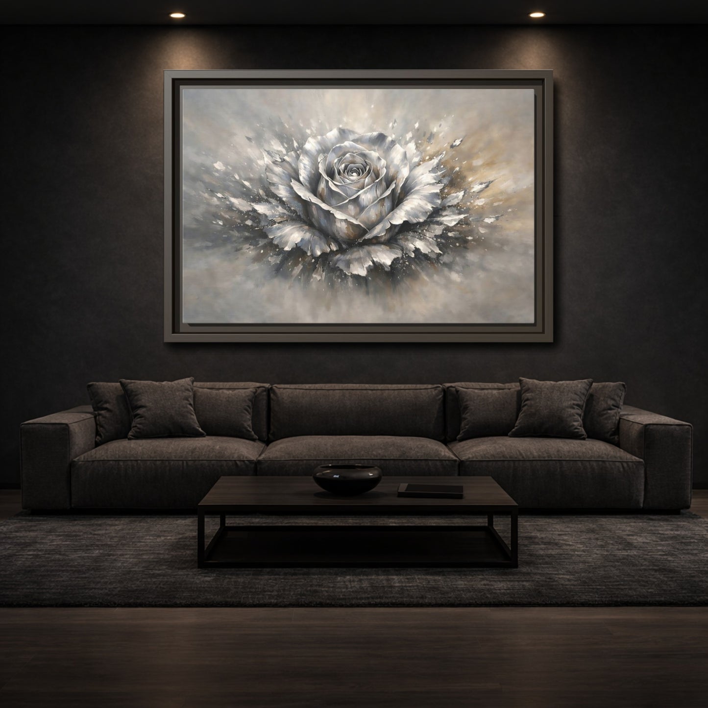 Mockup 2. Floral Silver Rose Silver Rose shown as stretched canvas wall art