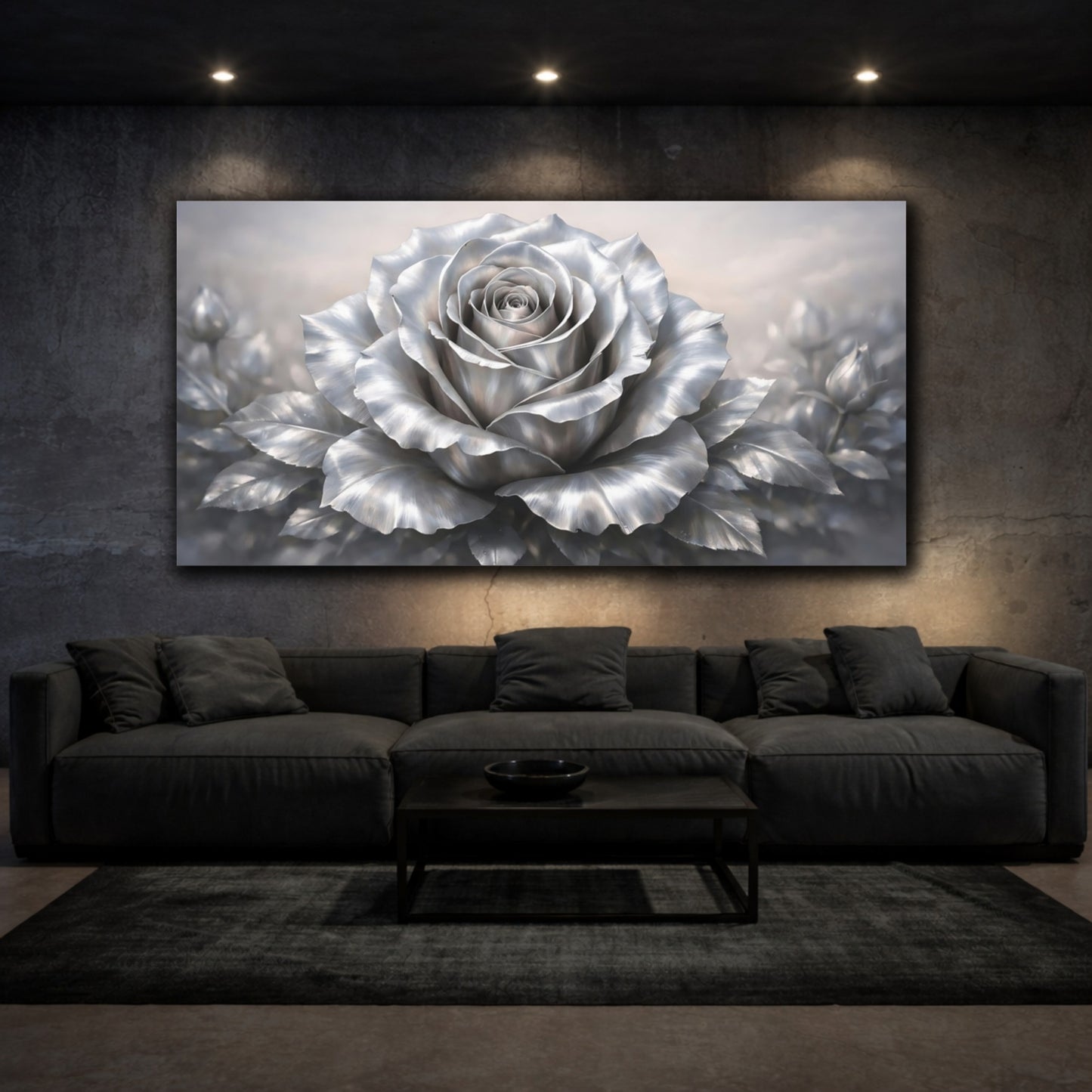 Mockup 2. Floral Silver Rose Silver Rose shown as stretched canvas wall art