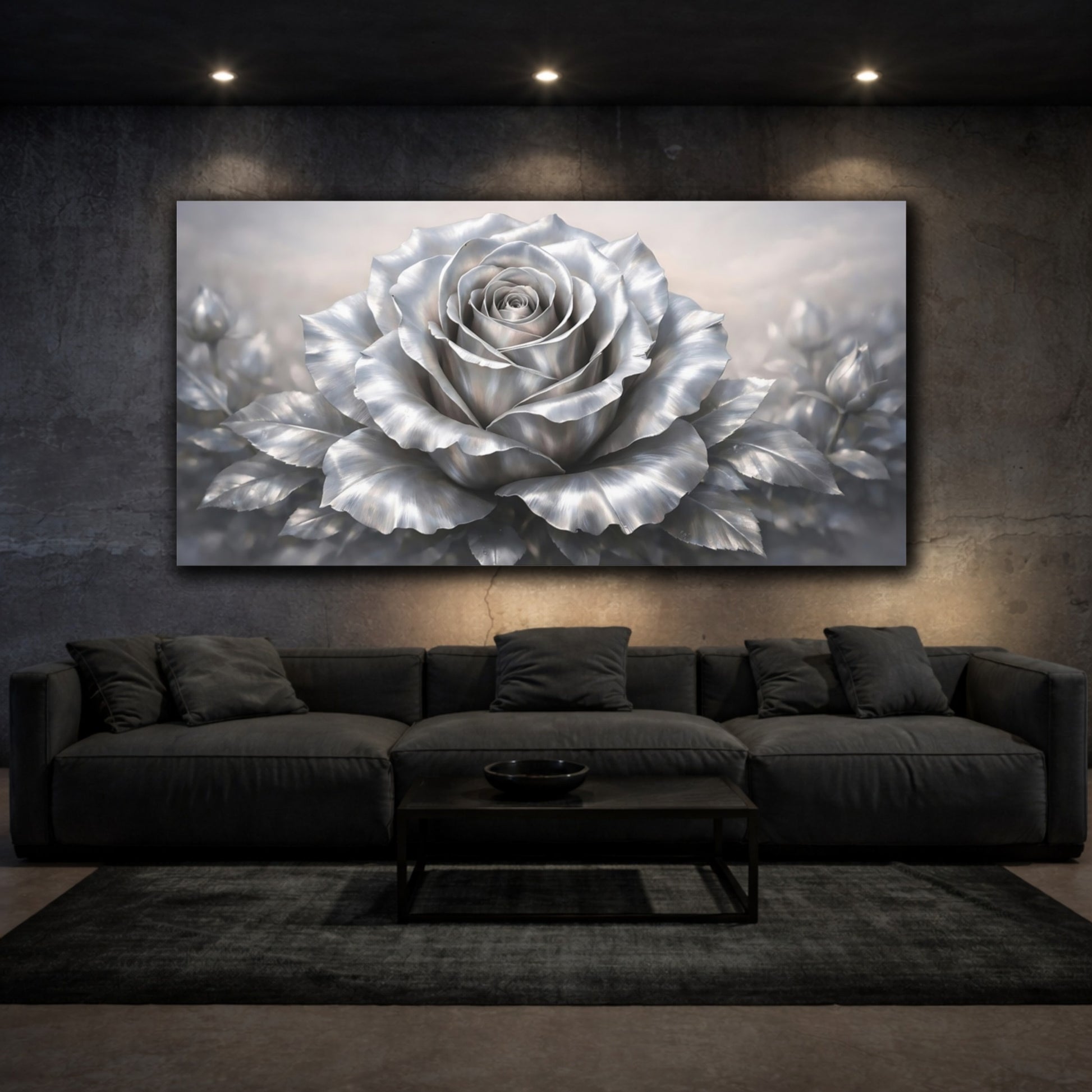 Mockup 2. Floral Silver Rose Silver Rose shown as stretched canvas wall art