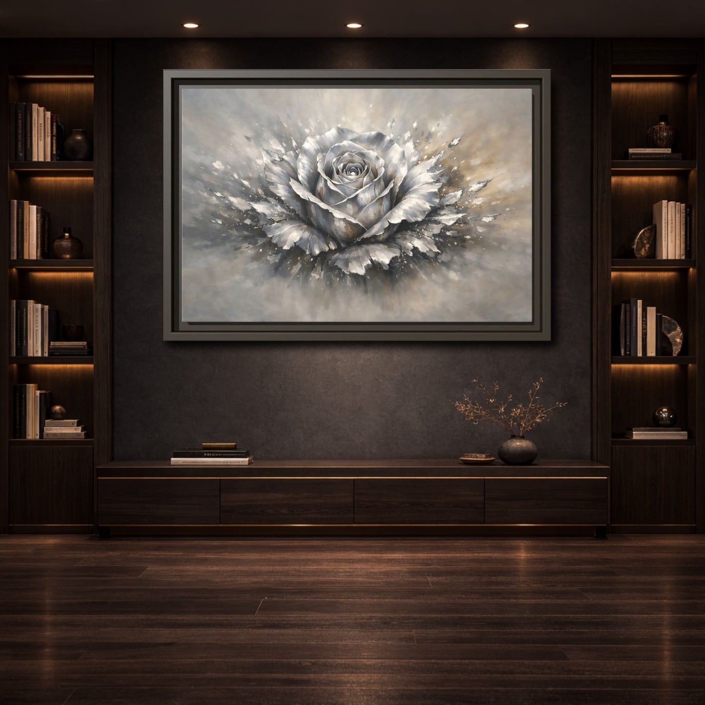 Mockup 3. Floral Silver Rose Silver Rose shown as stretched canvas wall art