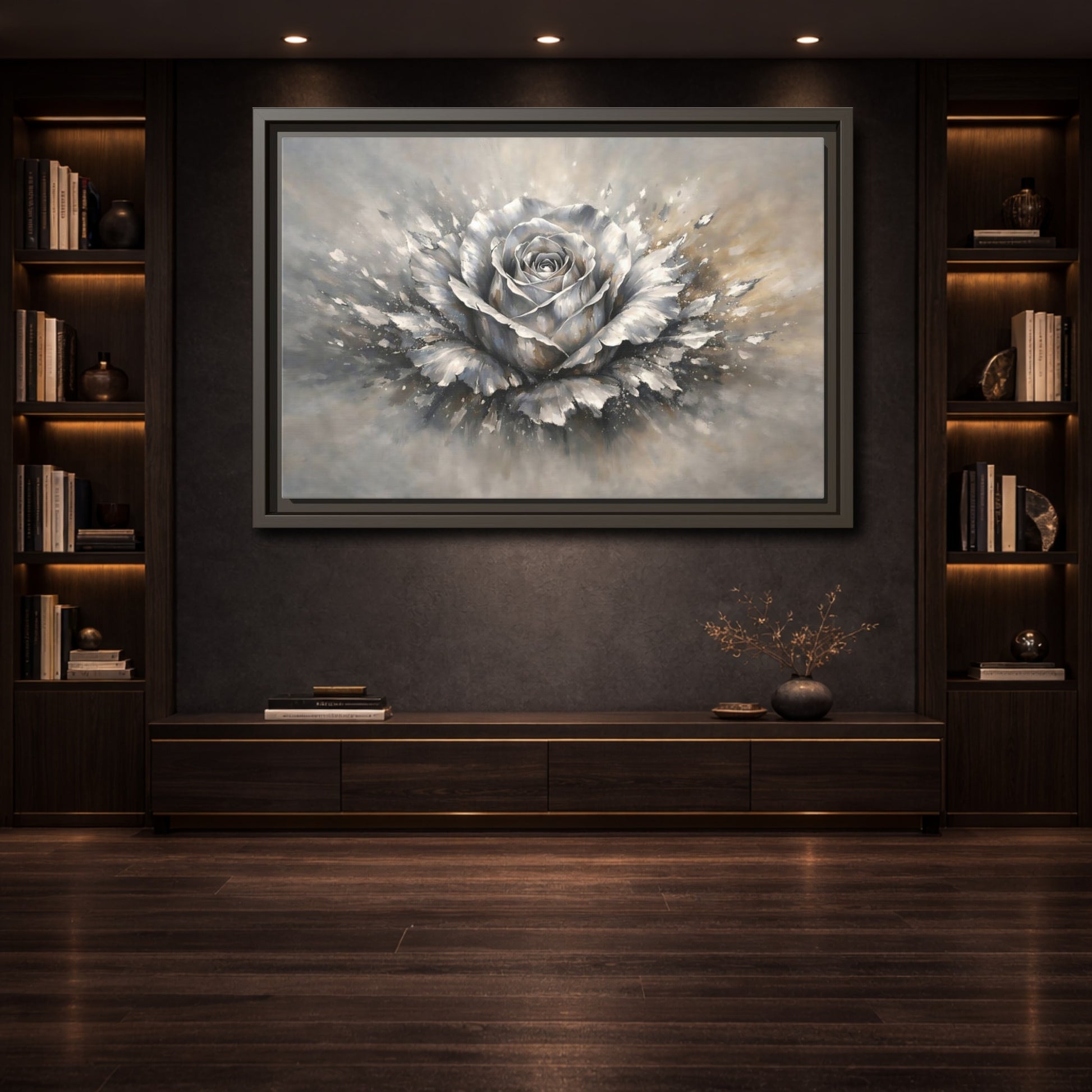 Mockup 3. Floral Silver Rose Silver Rose shown as stretched canvas wall art