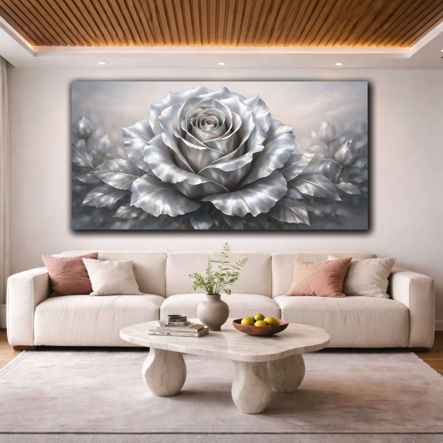 Mockup 3. Floral Silver Rose Silver Rose shown as stretched canvas wall art