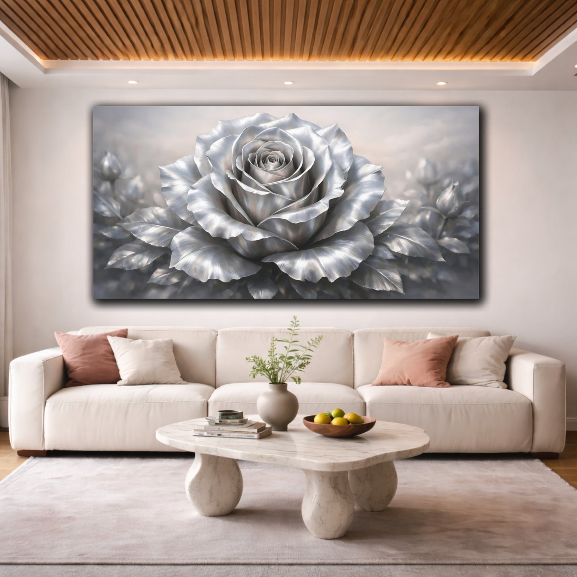 Mockup 3. Floral Silver Rose Silver Rose shown as stretched canvas wall art