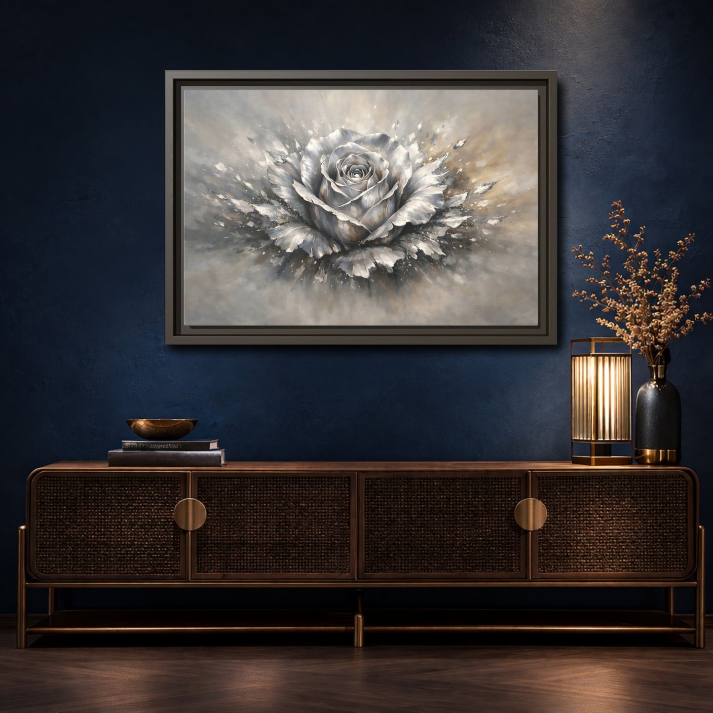 Mockup 4. Floral Silver Rose Silver Rose shown as stretched canvas wall art