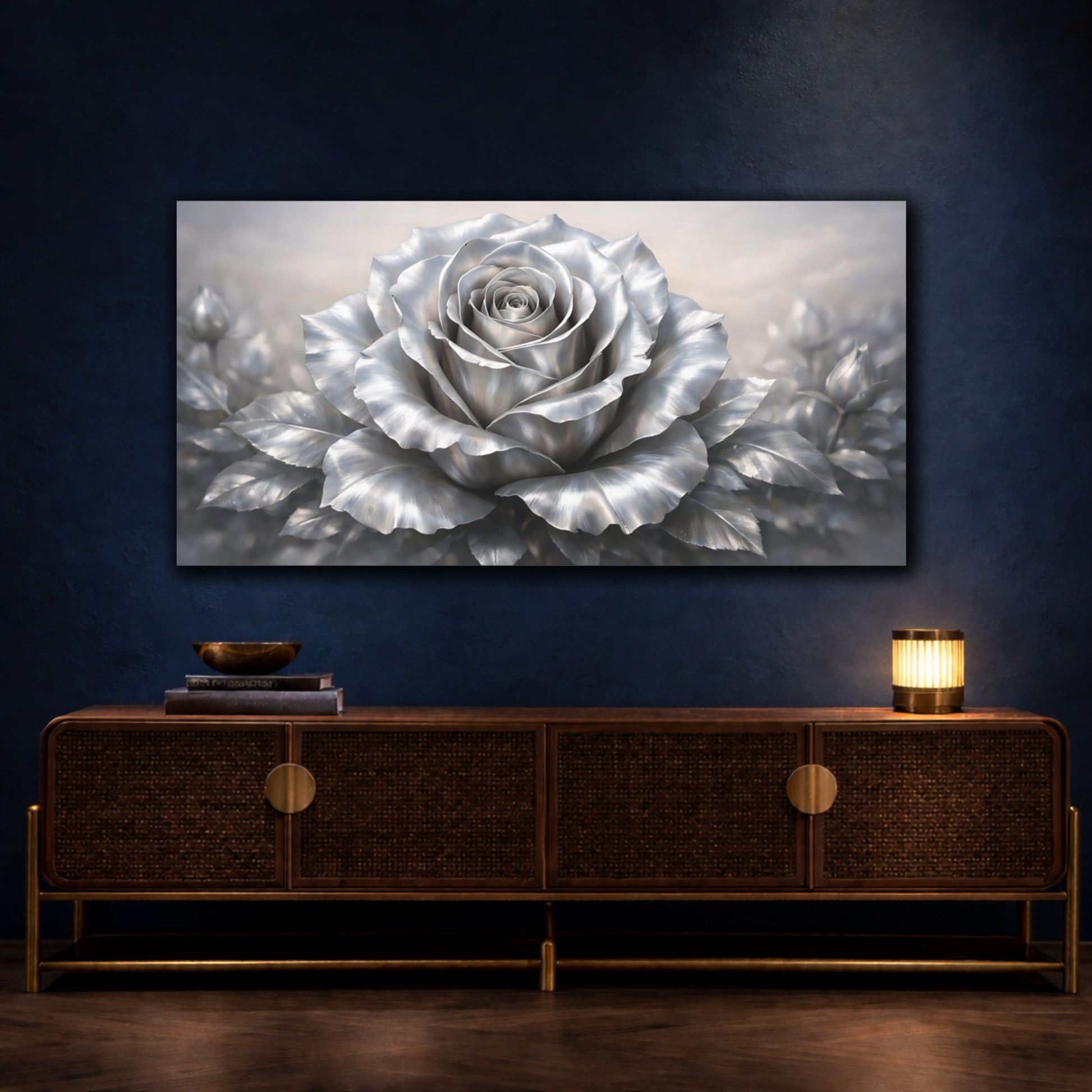 Mockup 4. Floral Silver Rose Silver Rose shown as stretched canvas wall art