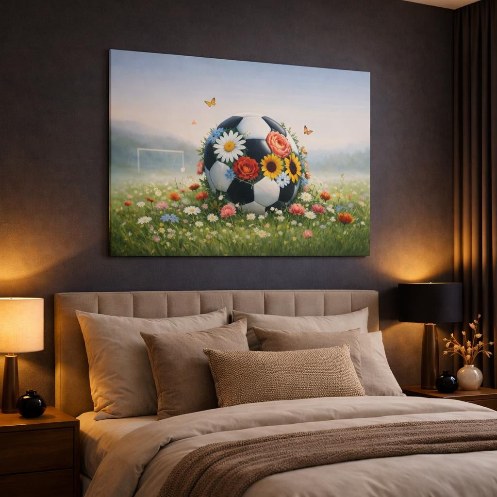 Floral Soccer shown as canvas wall art in a luxury bedroom